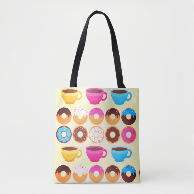 Bolsa Tote Padrão Colorido de Café e Donuts (Frente)