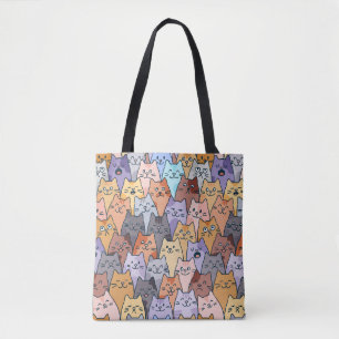 Bolsa Tote Padrão Colorido de Gatos Fofos Multidão Rosto de G