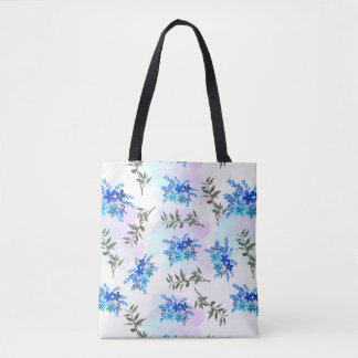 Bolsa Tote padrão com buquê azul de flores e folhas