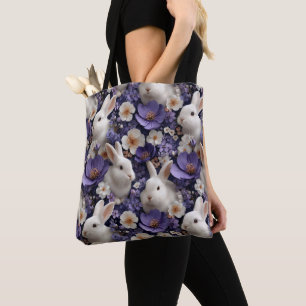 Bolsa Tote Padrão com Coelhos Brancos e Flores Roxas