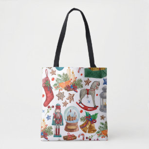 Bolsa Tote Padrão com ornamentos de Natais vintages, brinque