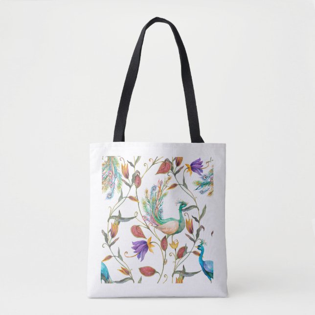Bolsa Tote Padrão com pavão e flores l (Frente)