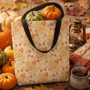 Bolsa Tote Padrão contínuo de folhas caindo e abóbora de outo