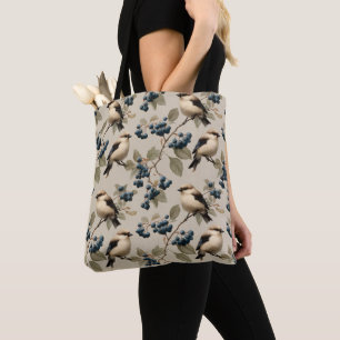 Bolsa Tote Padrão contínuo de pássaro vintage e mirtilo