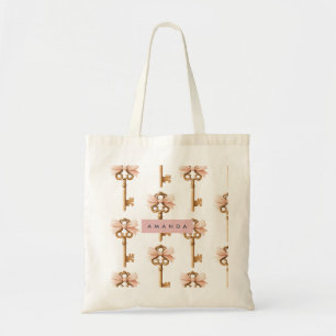 Bolsa Tote Padrão Coquette Personalizado Chave Dourada e Laço