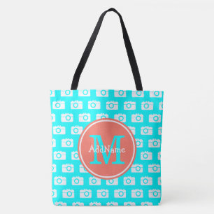 Bolsa Tote Padrão da câmera Aqua do Monograma com nome person