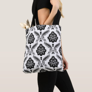 Bolsa Tote Padrão Damasco Rococó Cinza Preto Branco