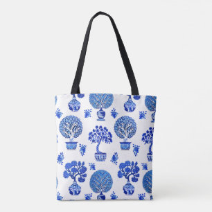 Bolsa Tote Padrão das árvores Bonsai em azul-cobalto e branco