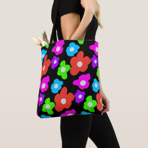 Bolsa Tote Padrão das flores coloridas do arco-íris preto ret