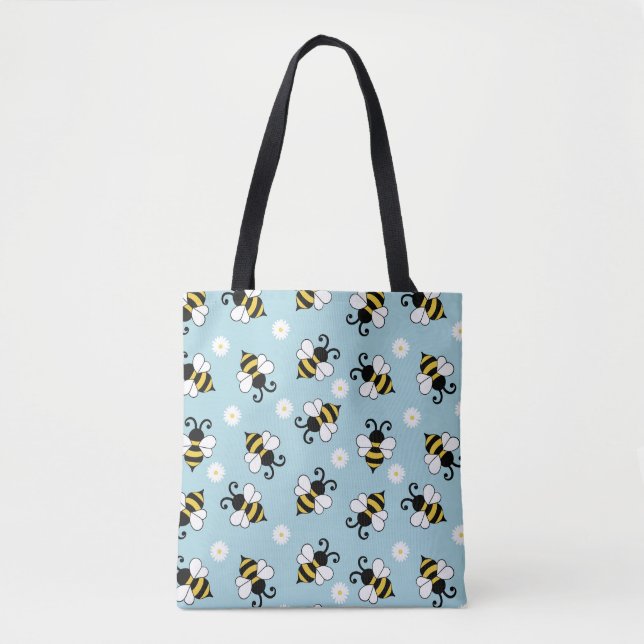 Bolsa Tote Padrão de abelhas fofas e flores margaridas (Frente)