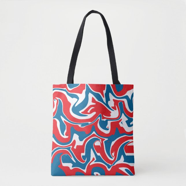 Bolsa Tote Padrão de abstrato azul e branco vermelho (Frente)