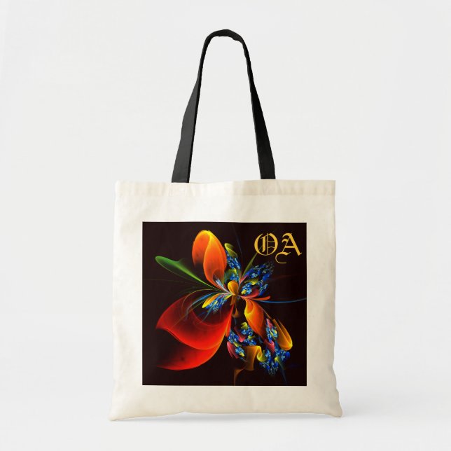 Bolsa Tote Padrão de Abstrato de Arte Floral Azul Laranja Mod (Frente)