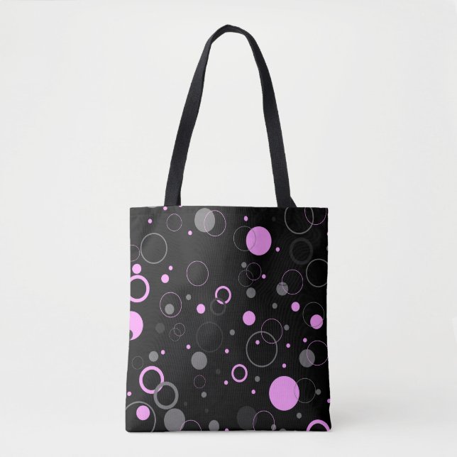 Bolsa Tote Padrão de abstrato de Cinza cor rosa com círculos. (Frente)