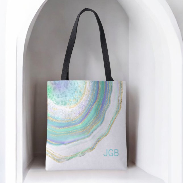 Bolsa Tote Padrão de Agato de Marble Pastel com Monograma (Personalize with your monogram initials.)
