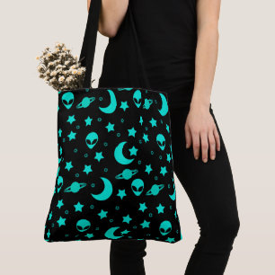 Bolsa Tote Padrão de Alien Turquesa com Estrelas e Luas
