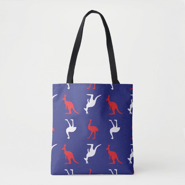 Bolsa Tote Padrão de animal canguru e ema em azul (Frente)