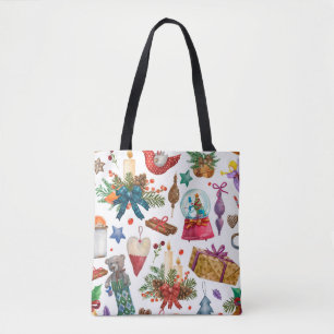 Bolsa Tote Padrão de Aquarela com ornamento de Natais vintag
