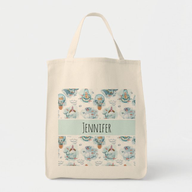 Bolsa Tote Padrão de Aquarela das Baleias Náuticas Cóticas (Frente)