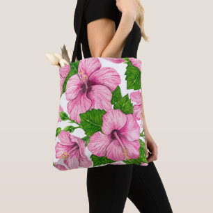 Bolsa Tote Padrão de aquarela de hibisco rosa