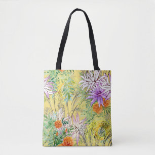 Bolsa Tote Padrão de aquarela floral com fundo amarelo