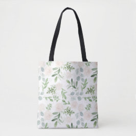Bolsa Tote Padrão de Aquarela Verde e Flores Brancas