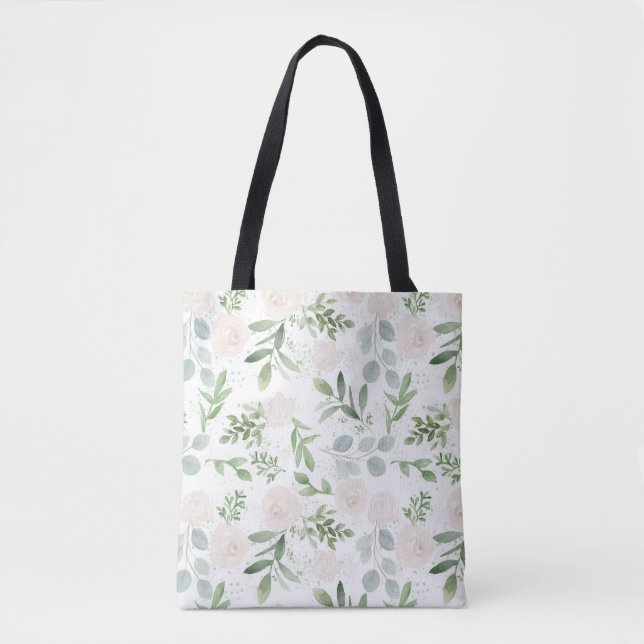 Bolsa Tote Padrão de Aquarela Verde e Flores Brancas