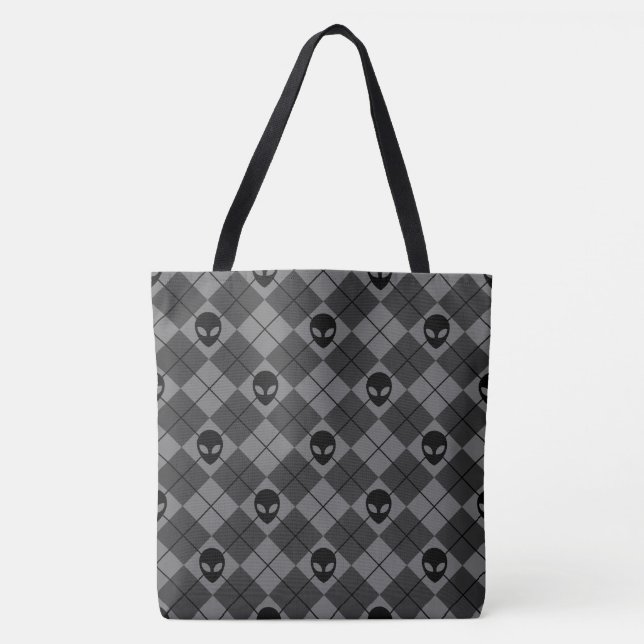 Bolsa Tote Padrão de Argyle de Alienígena Preta e Cinza (Frente)