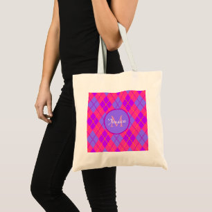 Bolsa Tote Padrão de Argyle Rosa e Azul Brilhante com Monogra