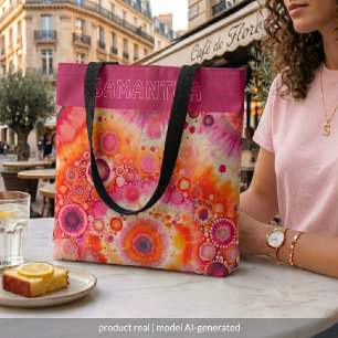 Bolsa Tote Padrão de Arte Batik Laranja Rosa Quente Personali