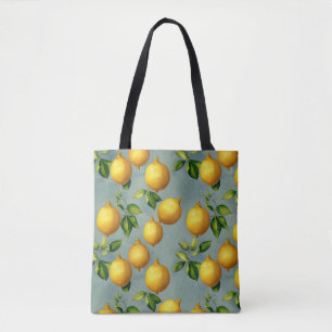 Bolsa Tote Padrão de Arte de Limões e Folhas Vintage em Cinza
