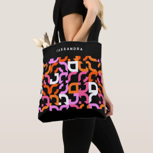 Bolsa Tote Padrão de Arte Retroativa Laranja Preto Púrpura Co