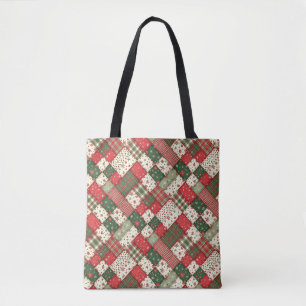 Bolsa Tote Padrão de árvore natal patchwork verde vermelho