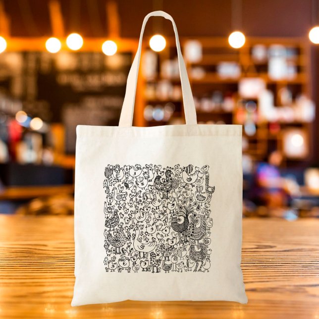 Bolsa Tote Padrão de Aves Decorativas Boho Preto e Branco (Criador carregado)