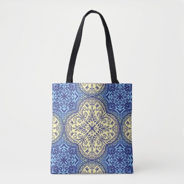 Bolsa Tote Padrão de Azulejo Azul e Dourado (Frente)