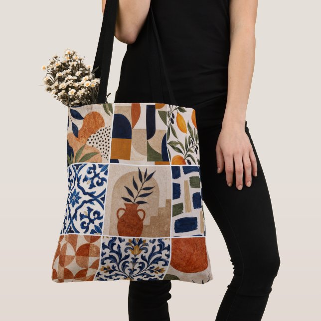 Bolsa Tote Padrão de Azulejo Boho Mediterrâneo (Close Up)