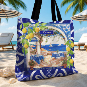 Bolsa Tote Padrão de Azulejo de Citrino em Majólica Azul Sici
