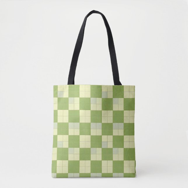Bolsa Tote Padrão de Azulejo Xadrez Verde e Creme (Frente)