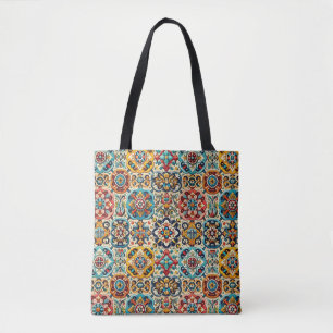 Bolsa Tote Padrão de Azulejos Vermelhos e Azuis Coloridos Vin