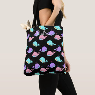 Bolsa Tote Padrão de Baleia de Kawaii Personalizado Preto