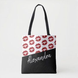 Bolsa Tote Padrão de Beijo dos Lábios Vermelhos Pretos Modern