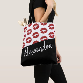 Bolsa Tote Padrão de Beijo dos Lábios Vermelhos Pretos Modern