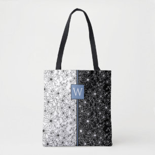 Bolsa Tote Padrão de bloco de cor floral Preto Branco e Monog