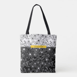 Bolsa Tote Padrão de Bloqueio de Cor Floral Branco Preto com 