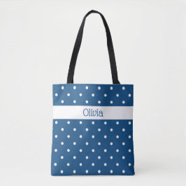 Bolsa Tote Padrão de Bolinhas Branco Azul de Nome Personaliza