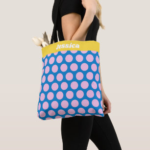 Bolsa Tote Padrão de Bolinhas grande azul e rosa personalizad
