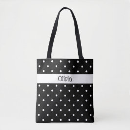 Bolsa Tote Padrão de Bolinhas Preta de Nome Personalizado