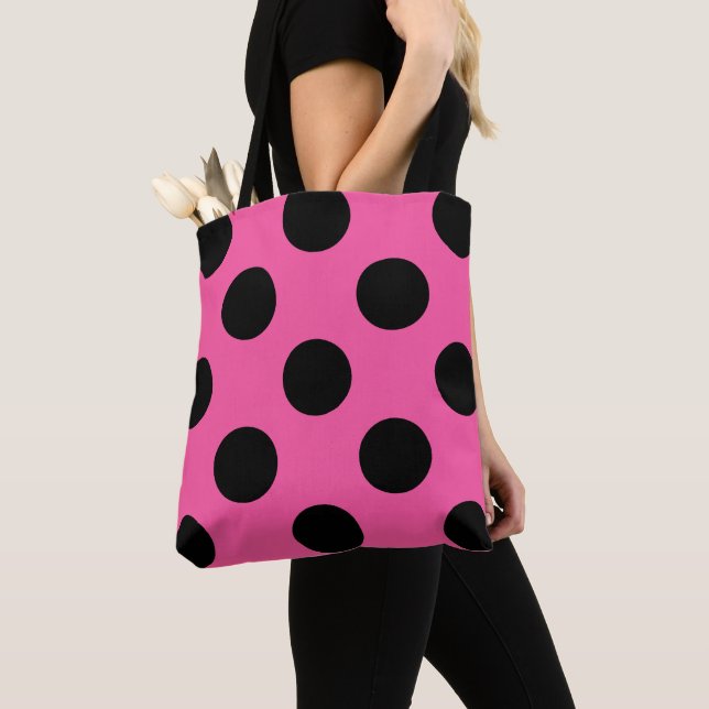 Bolsa Tote Padrão de Bolinhas Pretas a Rosa (Close Up)