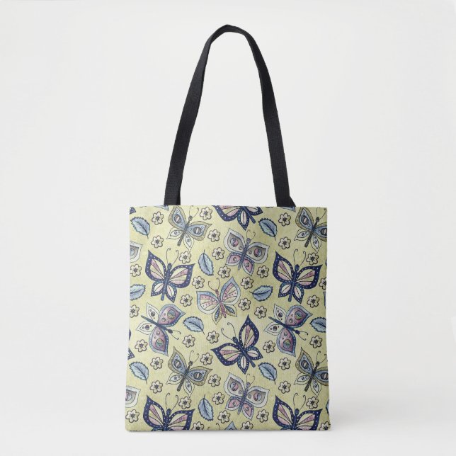 Bolsa Tote Padrão De Borboleta Azul Whimsical Sem Olho (Frente)