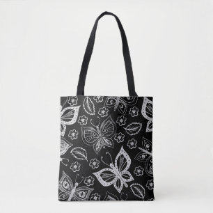 Bolsa Tote Padrão de borboleta branca e preto