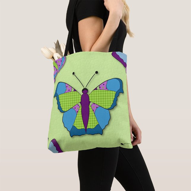 Bolsa Tote Padrão de Borboleta em Remendo no Verde (Criador carregado)